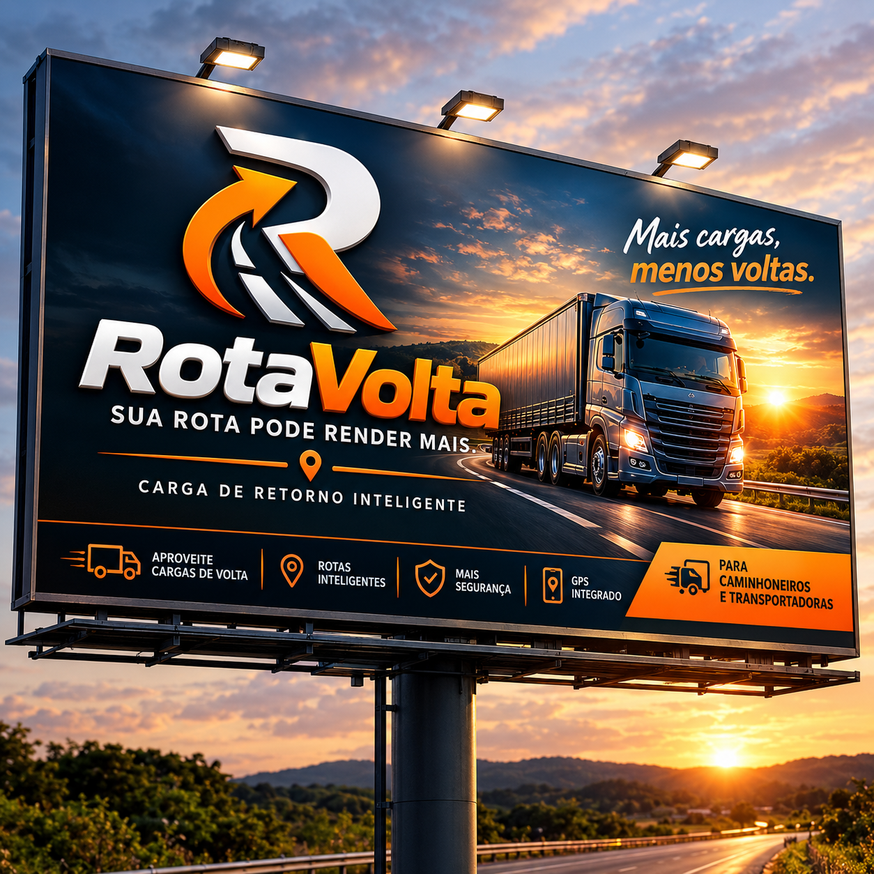 Outdoor RotaVolta com caminhão em uma rodovia e a mensagem Sua rota pode render mais
